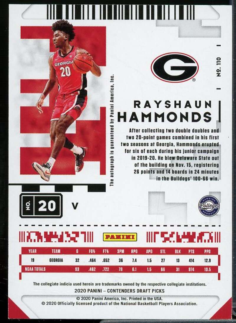 Rayshaun Hammonds AU Rookie Card 2020-21 Panini Contenders Draft Picks #110  Image 2