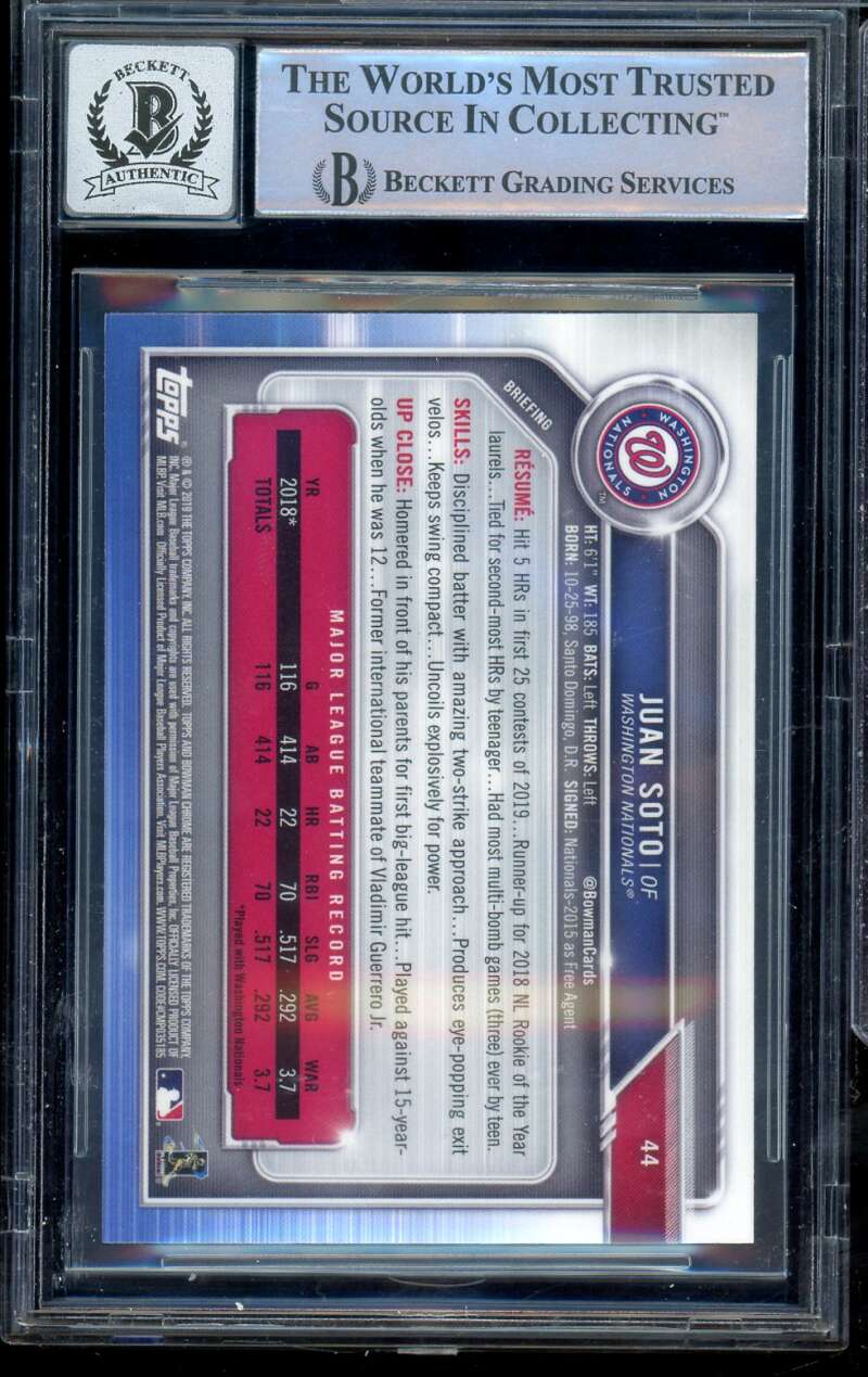 Juan Soto Card 2019 Bowman Chrome #44 Authentic Autograph Auto BGS BAS 10 Image 2