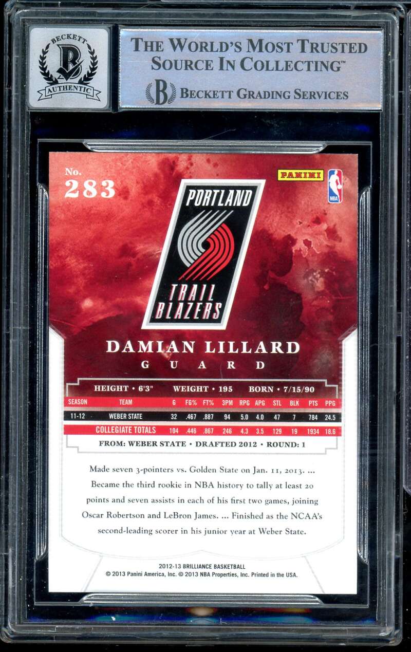 Damian Lillard Rookie 2012-13 Panini Brilliants #283 Authentic Auto BGS BAS 10 Image 2