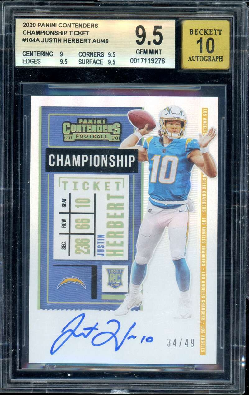 Justin Herbert Rookie 2020 Contenders Championship Ticket Au/49 #104A BGS 9.5 Image 1