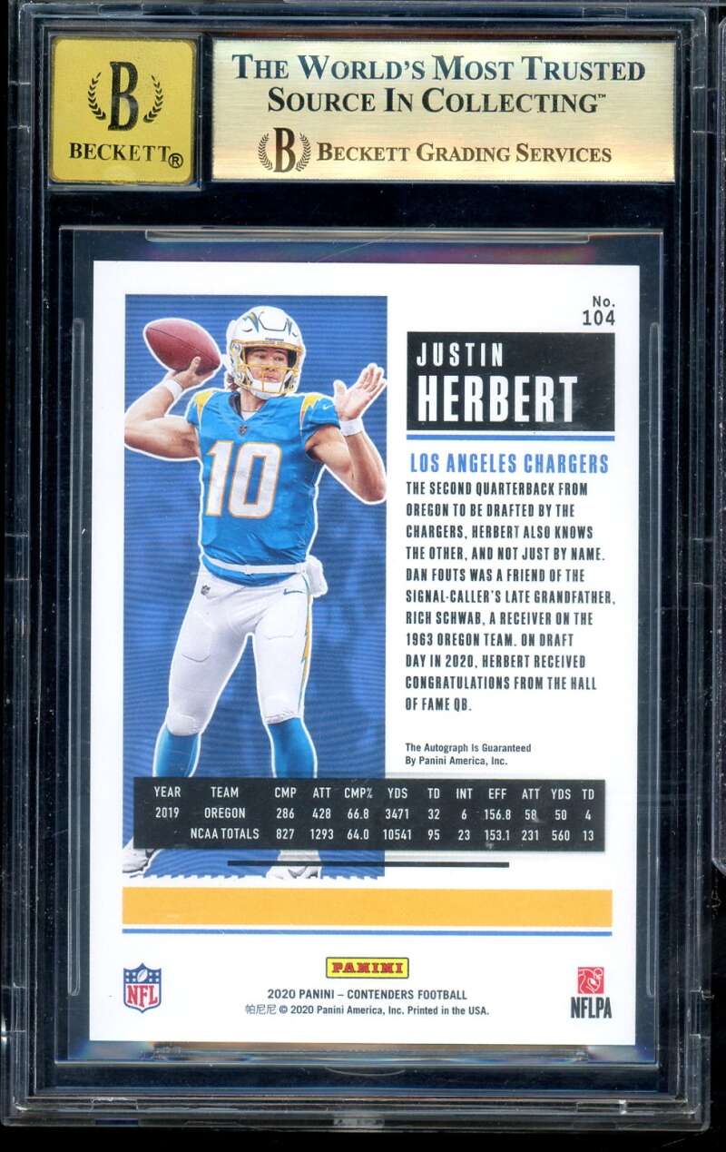 Justin Herbert Rookie 2020 Contenders Championship Ticket Au/49 #104A BGS 9.5 Image 2