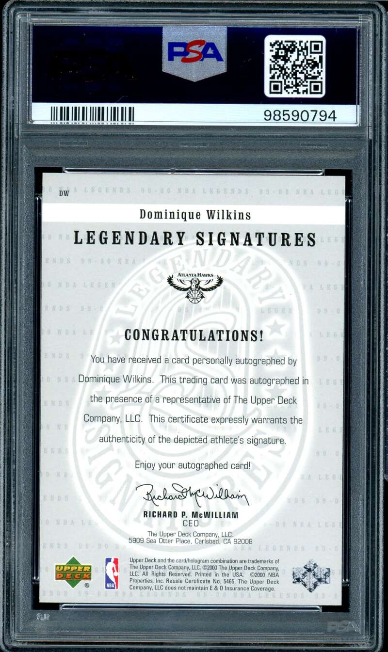 Dominique Wilkins Card 2000-01 U.D. Legends Legendary Signatures #DW PSA 9 Image 2