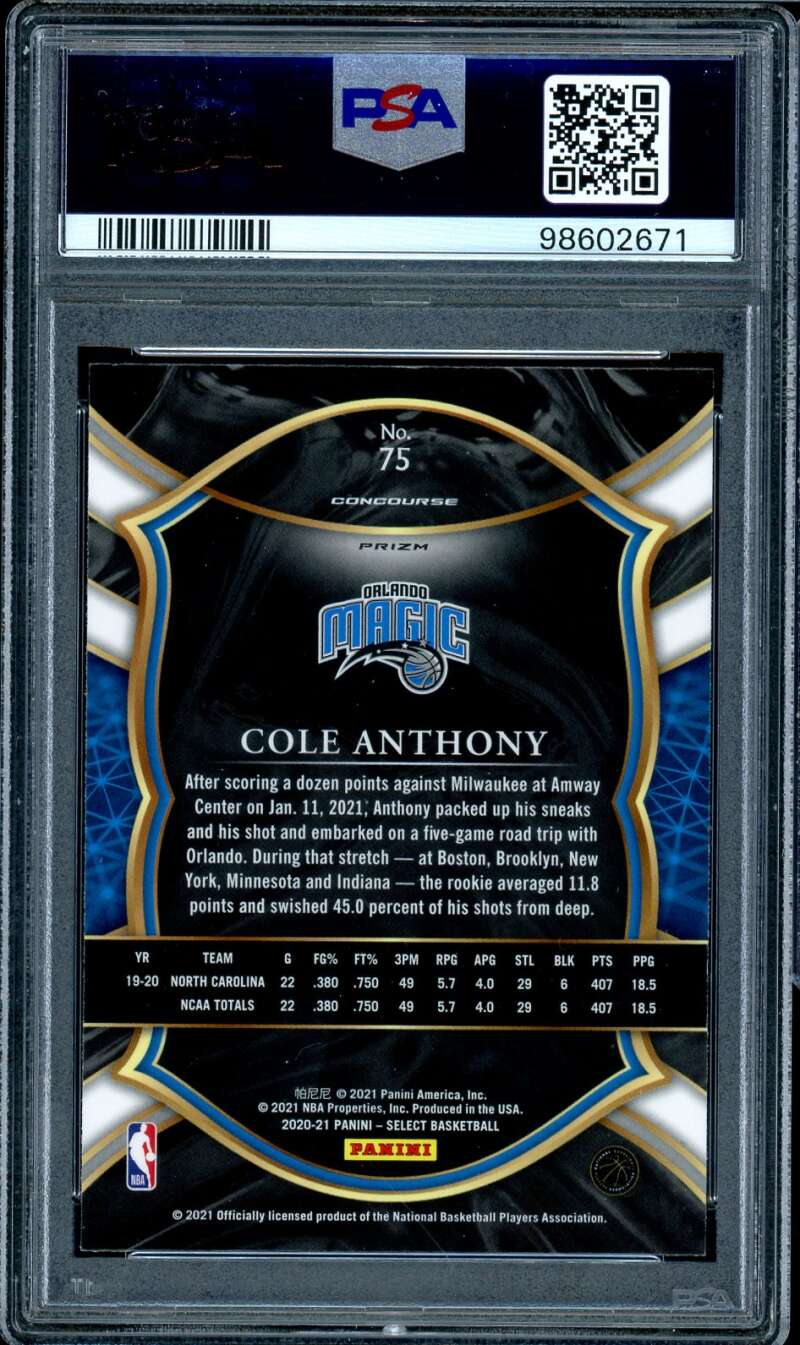 Cole Anthony Rookie Card 2020-21 Panini Select Silver Prizm #75 PSA 9 Image 2