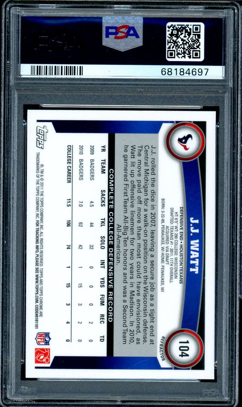 J.J. Watt Rookie Card 2011 Topps Chrome #104 PSA 9 Image 2