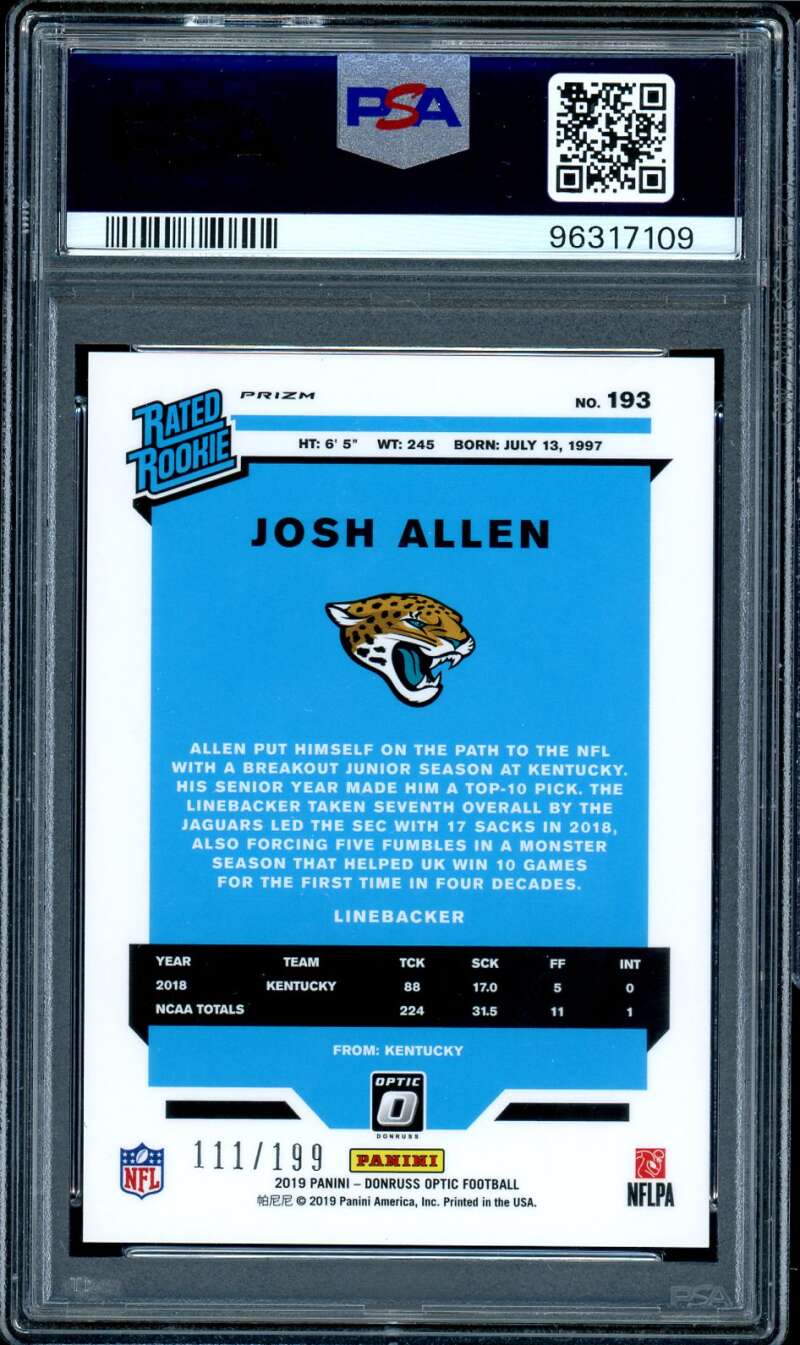 Josh Allen Rookie Card 2019 Panini Donruss Optic Orange #193 PSA 9 (read) Image 2