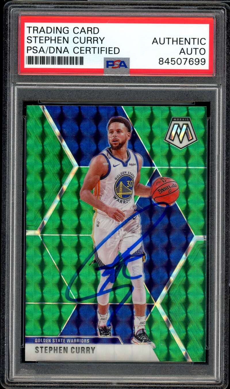 Stephen Curry 2019-20 Mosaic Green Prizm #70 Auto Autograph PSA DNA Authentic Image 1