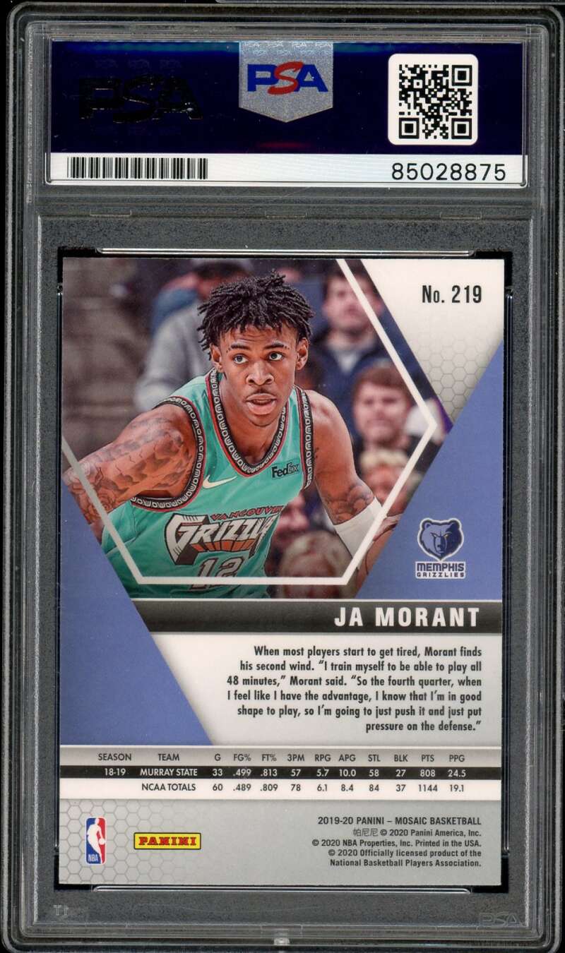 Ja Morant Rookie Card 2019-20 Mosaic #219 Auto Autograph PSA DNA Authentic Image 2