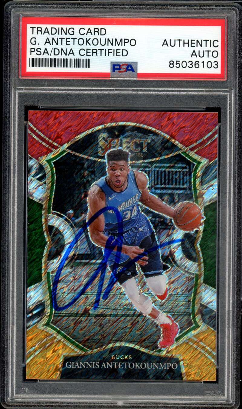 Giannis Antetokounmpo 2020-21 Select Prizm #54 Autograph Auto PSA DNA Authentic Image 1