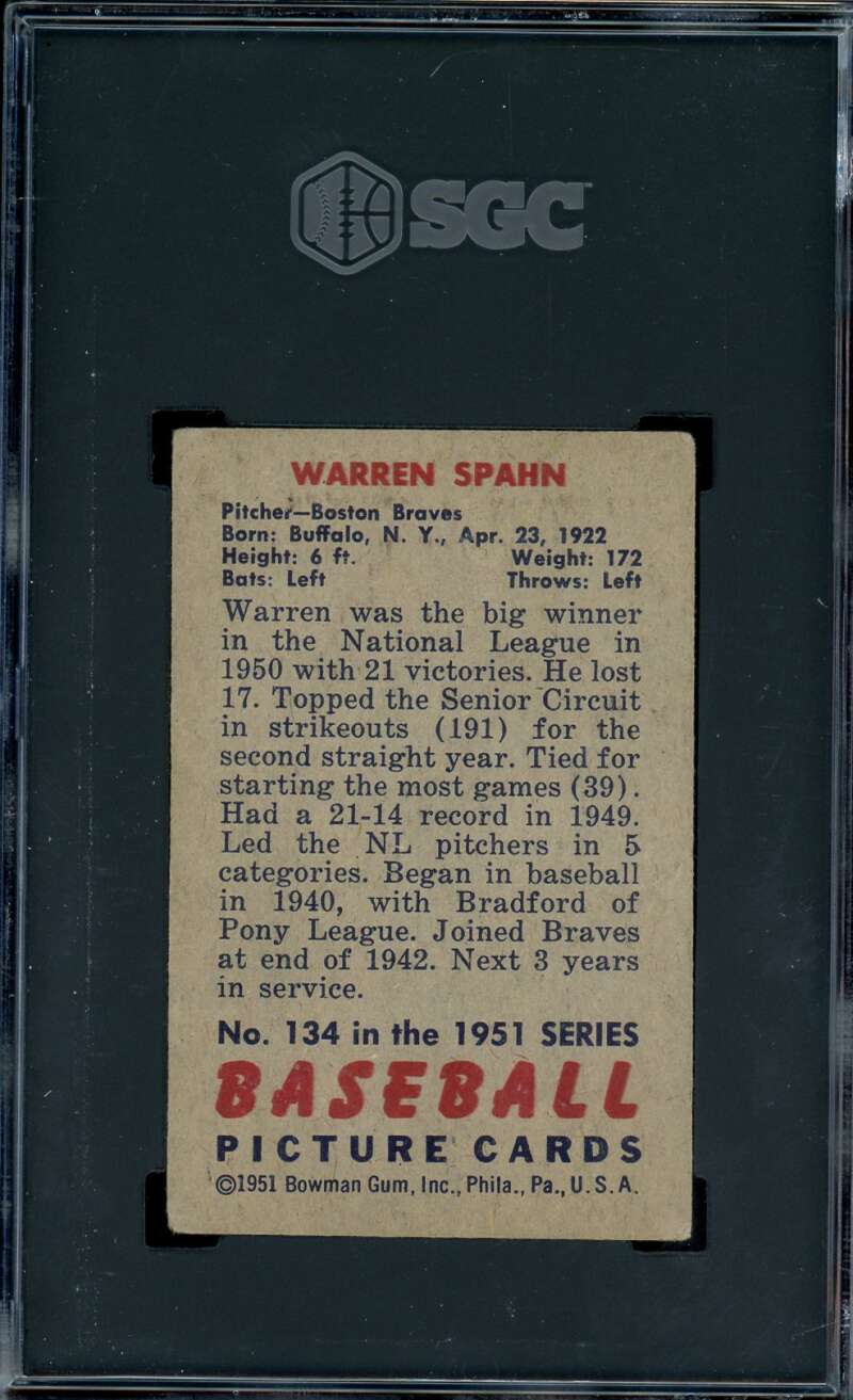 Warren Spahn Card 1951 Bowman #134 SGC 2 Image 2