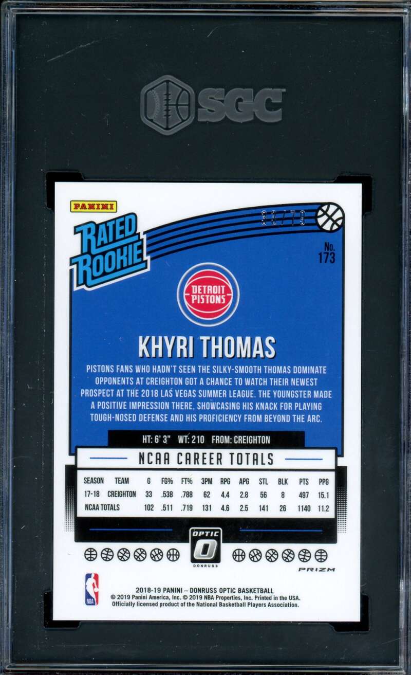 Khyri Thomas Rookie Card 2018-19 Donruss Optic Pink Velocity Prizm #173 SGC 10 Image 2