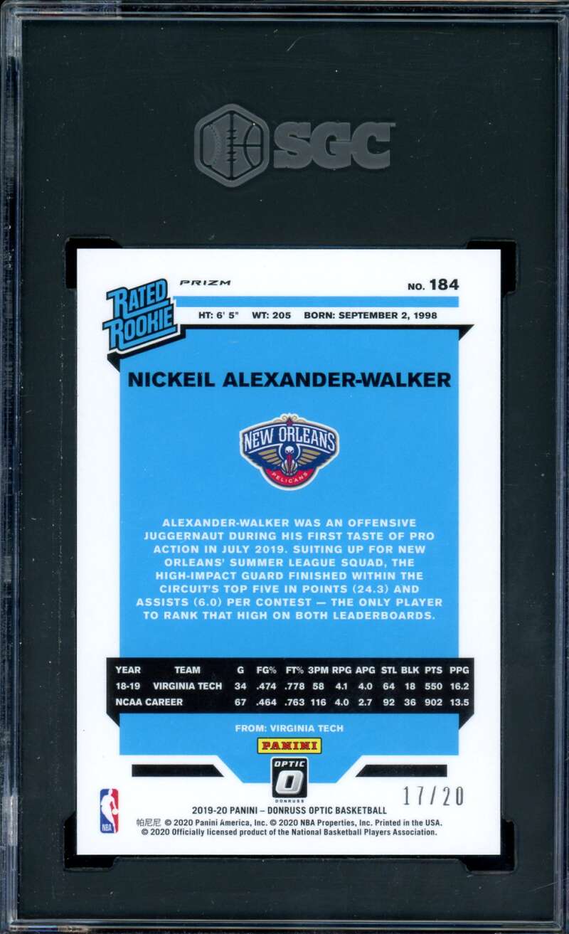 Nickeil Alexander-Walker RC 2019-20 Donruss Optic Fast Break Prizm #184 SGC 9 Image 2