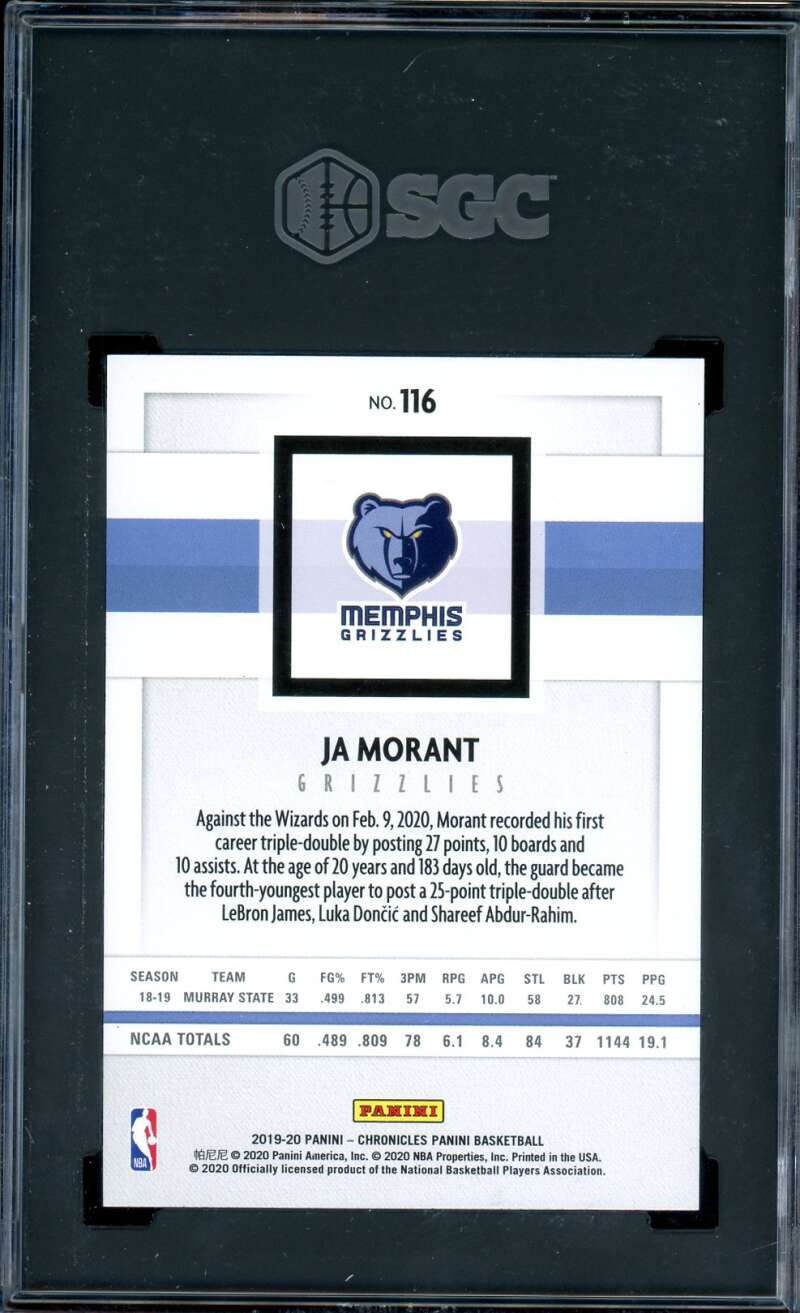 Ja Morant Rookie Card w/Young Dolph 2019-20 Panini Chronicles #116 SGC 9 Image 2