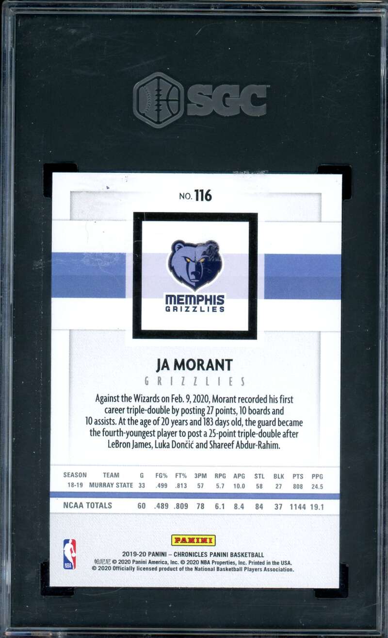 Ja Morant Rookie Card w/Young Dolph 2019-20 Panini Chronicles #116 SGC 9.5 Image 2