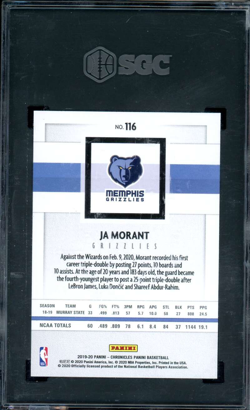 Ja Morant Rookie Card w/Young Dolph 2019-20 Panini Chronicles #116 SGC 9.5 Image 2