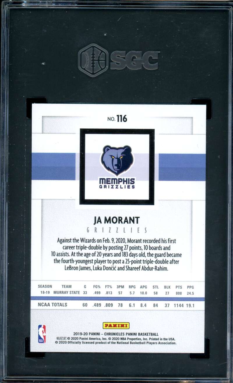 Ja Morant Rookie Card w/Young Dolph 2019-20 Panini Chronicles #116 SGC 10 Image 2