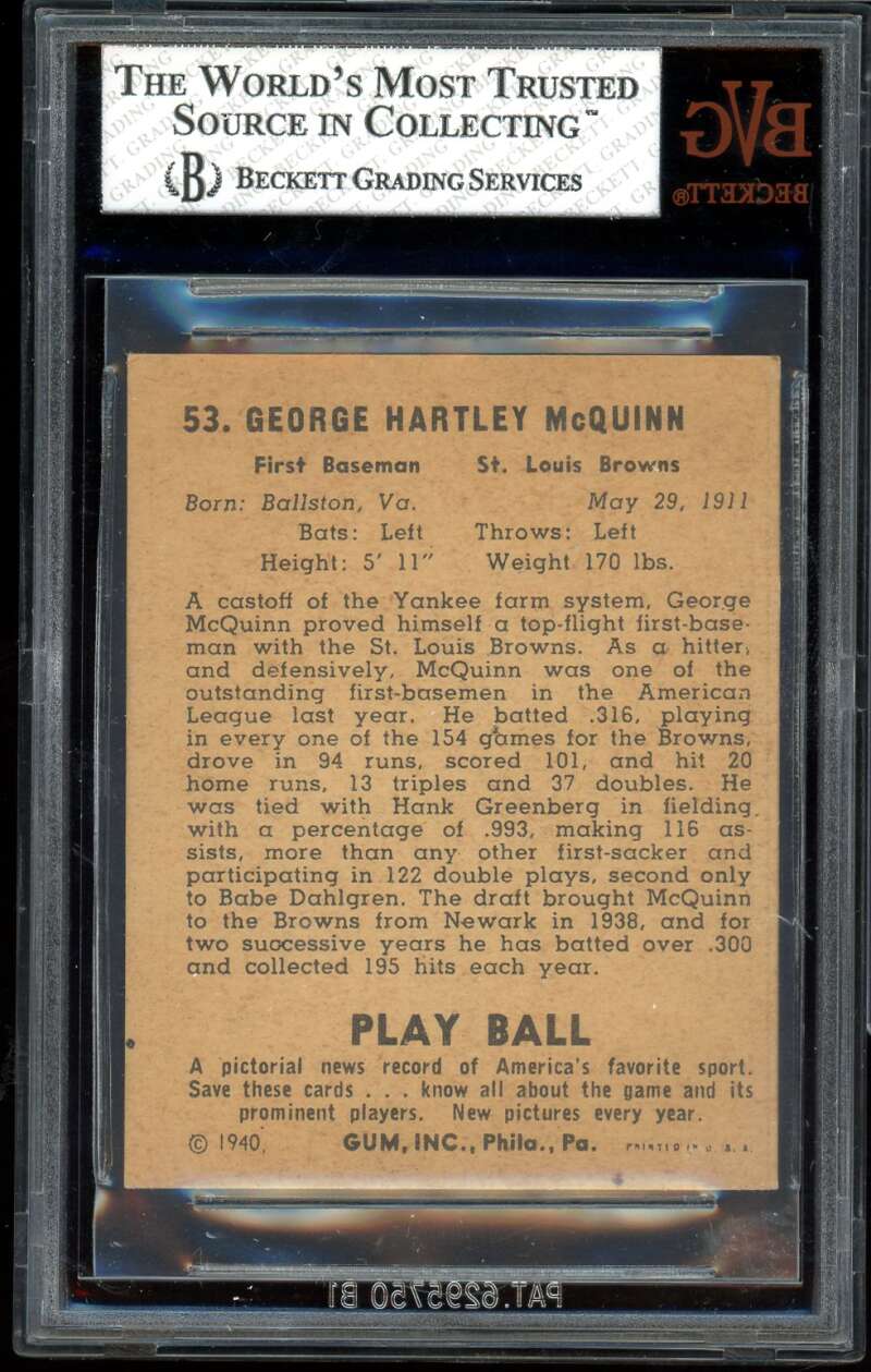 George McQuinn Card 1940 Play Ball #53 BGS BVG 5.5 Image 2