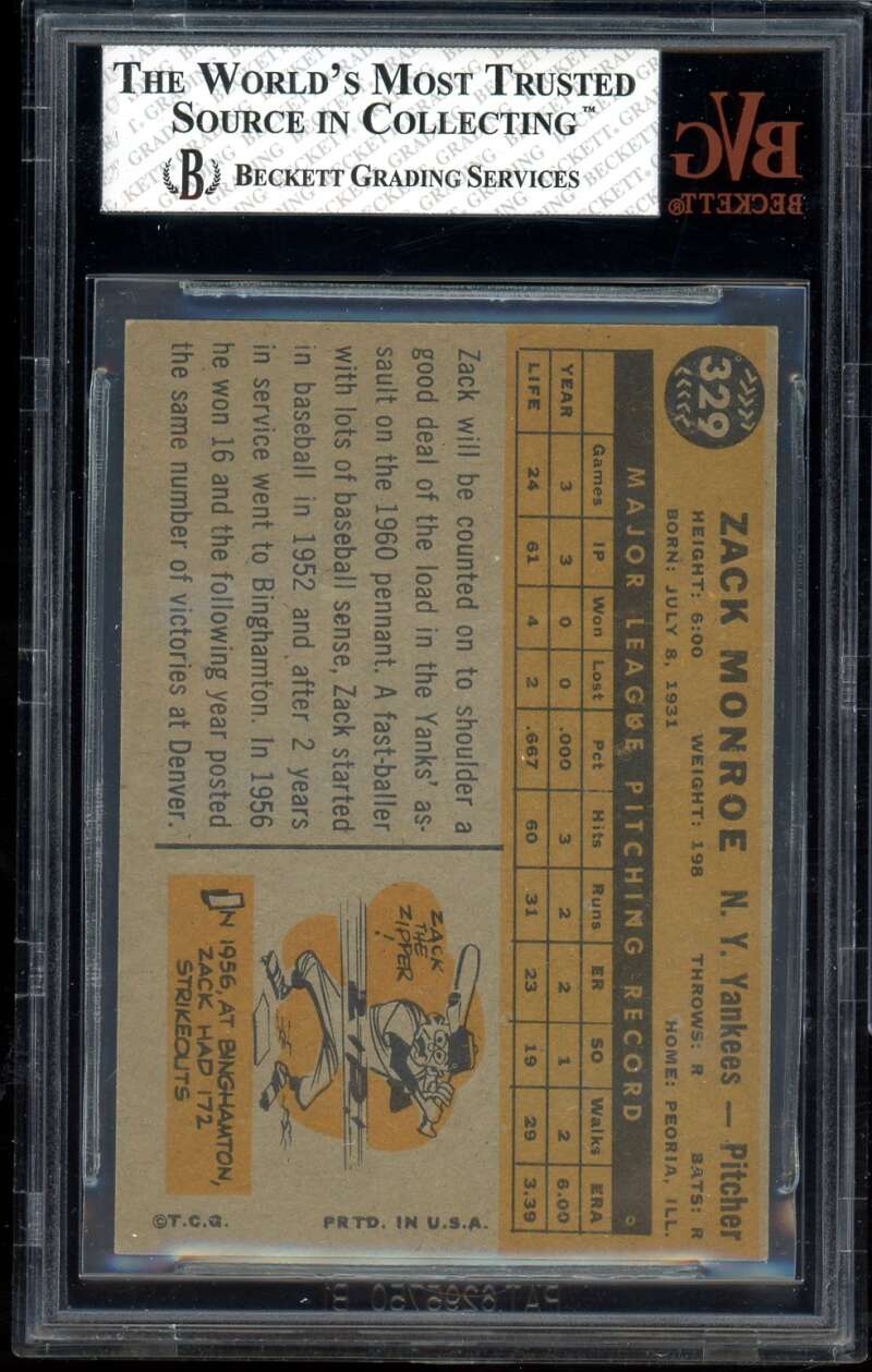 Zack Monroe Card 1960 Topps #329 BGS BVG 7 Image 2