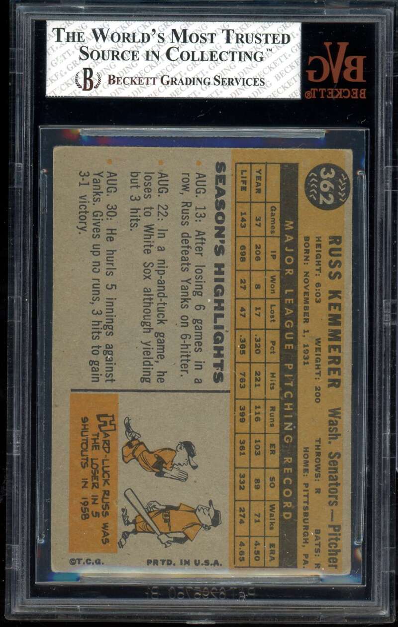 Russ Kemmerer Card 1960 Topps #362 BGS BVG 4 Image 2