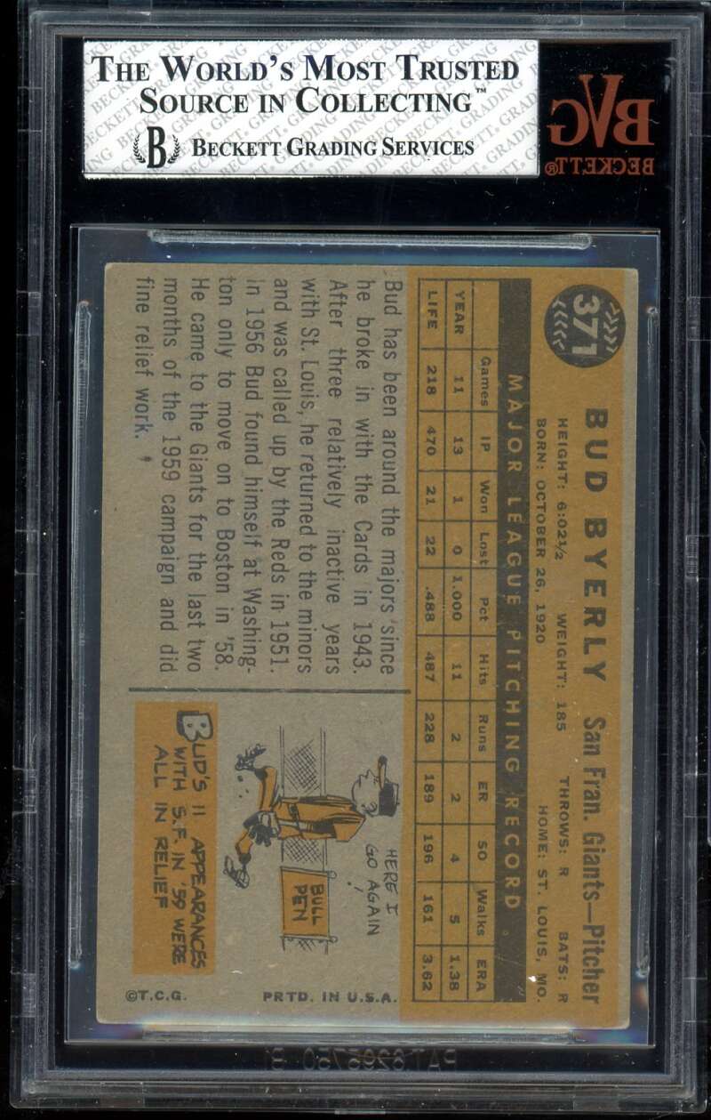 Bud Byerly Card 1960 Topps #371 BGS BVG 5 Image 2