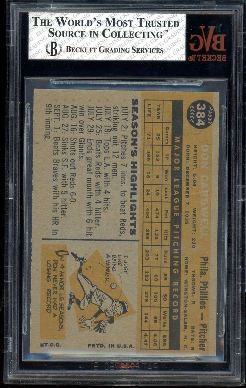 Don Cardwell Card 1960 Topps #384 BGS BVG 6.5 Image 2