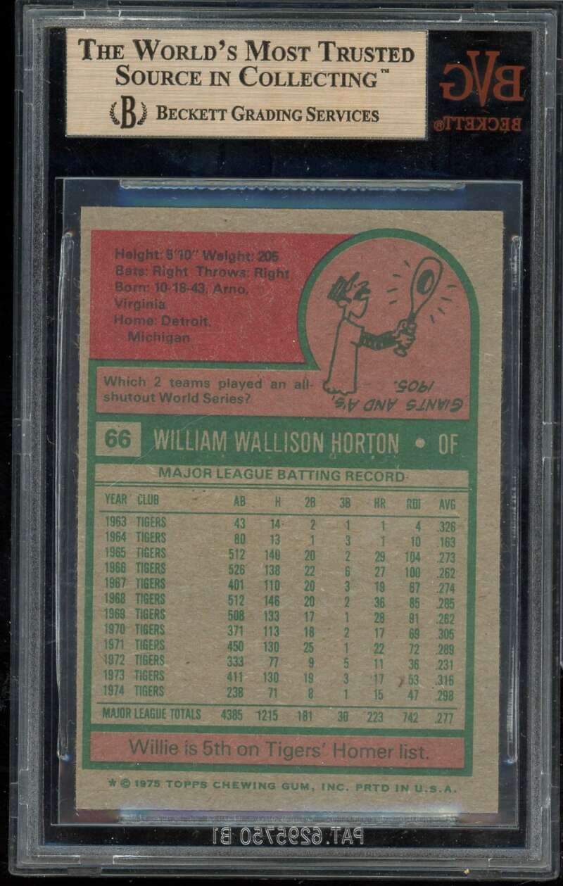 Willie Horton Card 1975 Topps (pop 1) #66 BGS BVG 9.5 Image 2