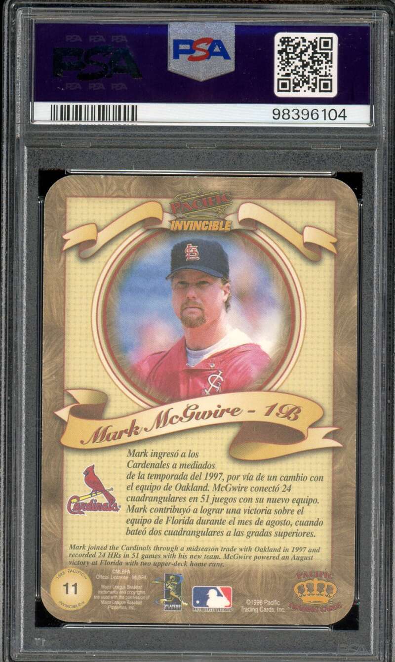 Mark McGwire Card 1998 Pacific Invincible Photoengravings (pop 3) #11 PSA 10 Image 2