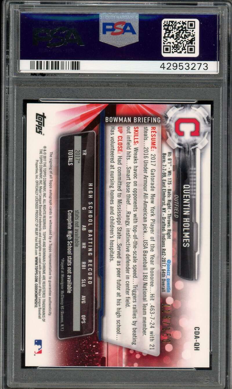 Quentin Holmes Rookie Card 2017 Bowman Draft Chrome Auto Blue Ref #Cdaqh PSA 8.5 Image 2