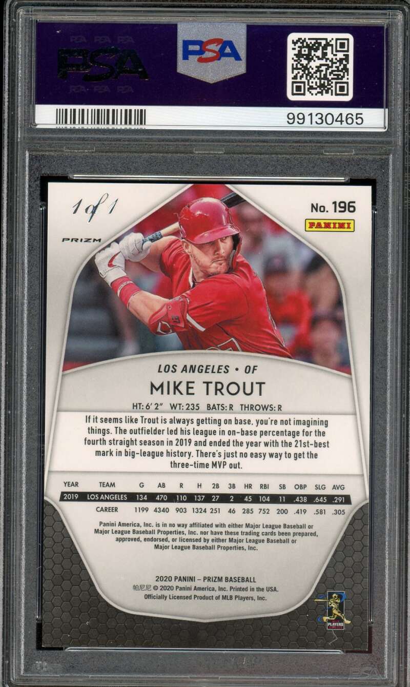 Mike Trout Card 2020 Panini Prizm Black Finite (1 of 1) #196 PSA 9 Image 2