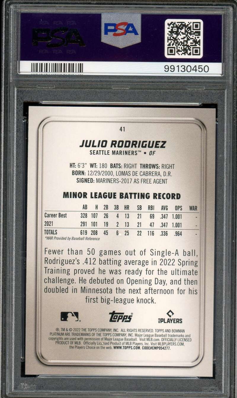 Julio Rodriguez Rookie Card 2022 Bowman Platinum Ice Foilboard #41 PSA 10 Image 2