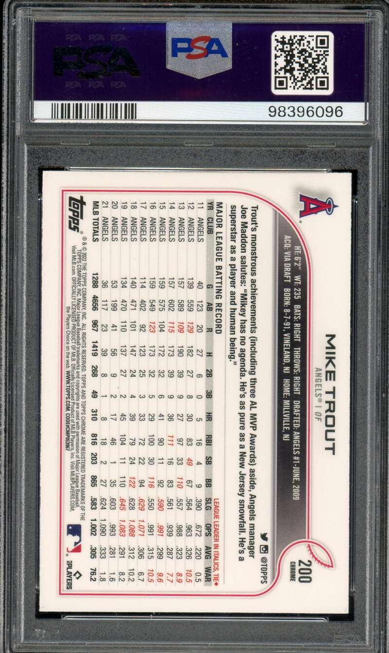 Mike Trout Card 2022 Topps Chrome Pink Refractor #200 PSA 10 Image 2