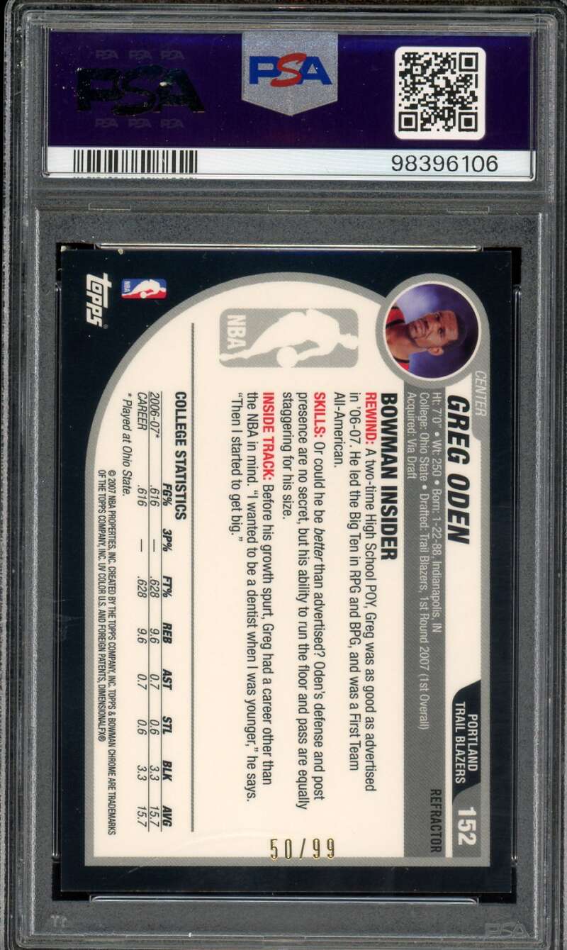 Greg Oden Rookie Card 2007-08 Bowman Chrome Gold Refractor (pop 5) #152 PSA 9 Image 2