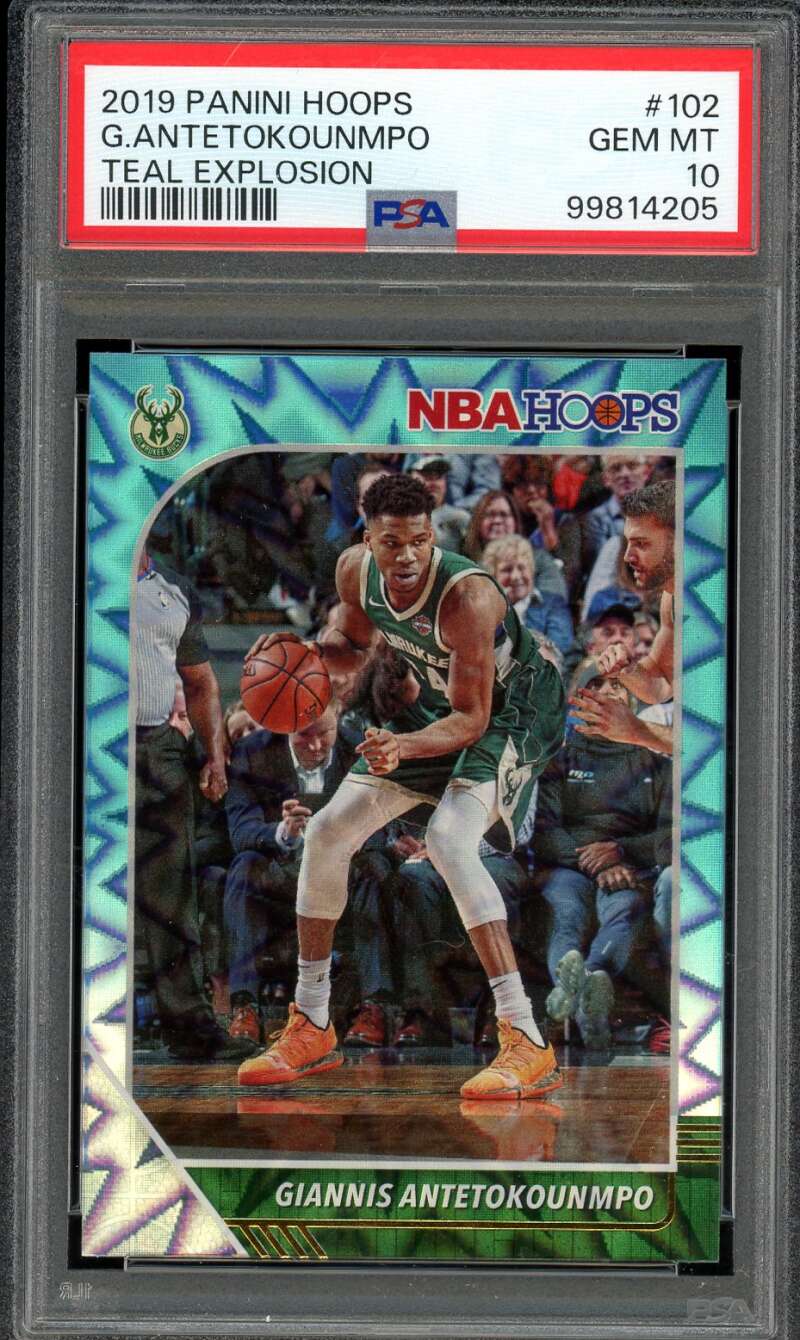 Giannis Antetokounmpo Card 2019-20 Panini Hoops Teal Explosion #102 PSA 10 Image 1