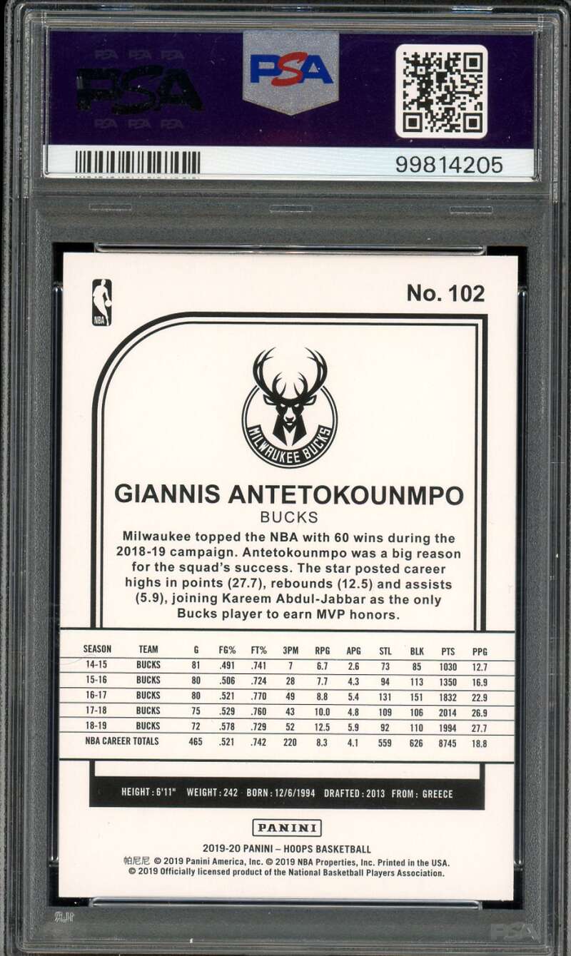 Giannis Antetokounmpo Card 2019-20 Panini Hoops Teal Explosion #102 PSA 10 Image 2