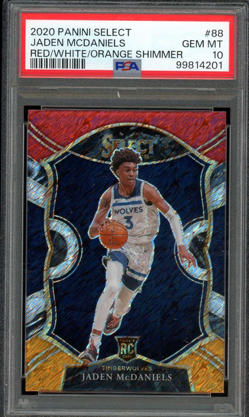 Jaden McDaniels Rookie 2020-21 Panini Select Red/White/Orange Shimmer #88 PSA 10 Image 1