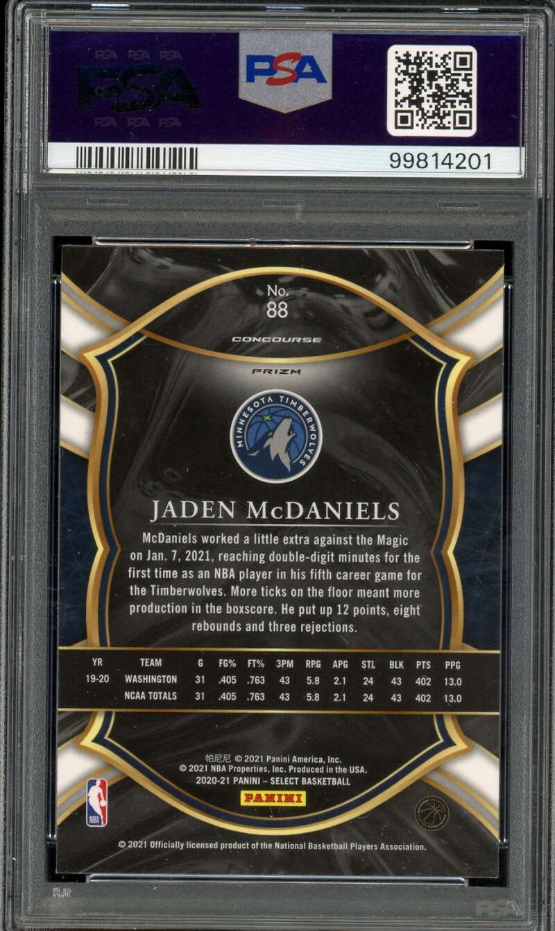 Jaden McDaniels Rookie 2020-21 Panini Select Red/White/Orange Shimmer #88 PSA 10 Image 2