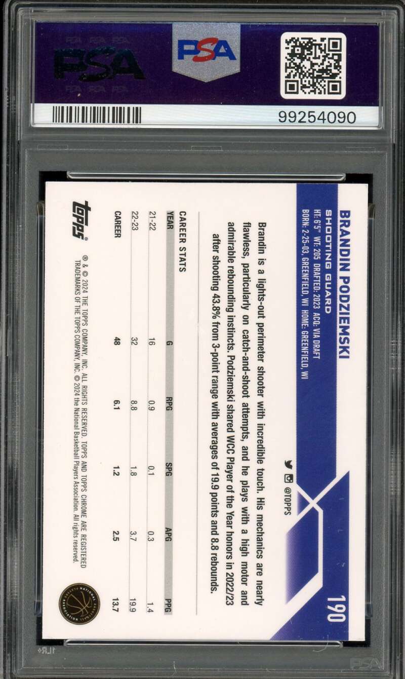 Brandin Podziemski Rookie 2023-24 Topps Chrome Green Topps Refractor #190 PSA 9 Image 2