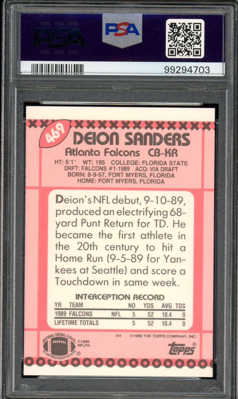 Deion Sanders Card 1990 Topps Tiffany #469 PSA 9 Image 2