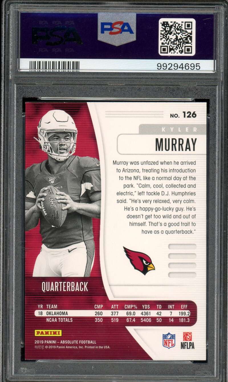 Kyler Murray Rookie Card 2019 Panini Absolute Blue #126 PSA 9 Image 2