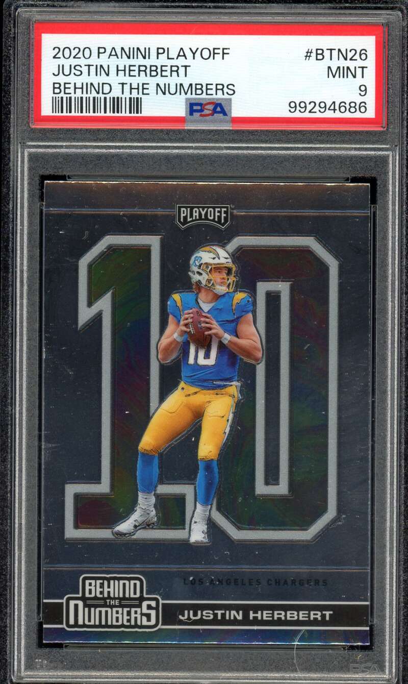 Justin Herbert Rookie Card 2020 Panini Playoff Behind The Numbers #Btn26 PSA 9 Image 1