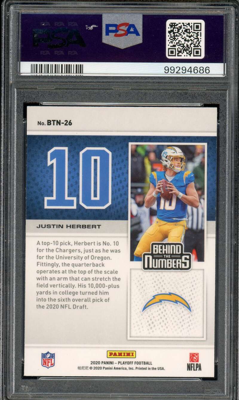 Justin Herbert Rookie Card 2020 Panini Playoff Behind The Numbers #Btn26 PSA 9 Image 2
