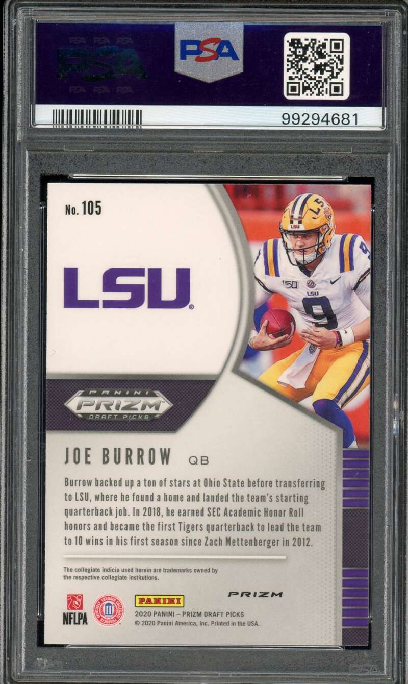 Joe Burrow Rookie Card 2020 Panini Prizm DP Purple Prizm #105 PSA 10 Image 2