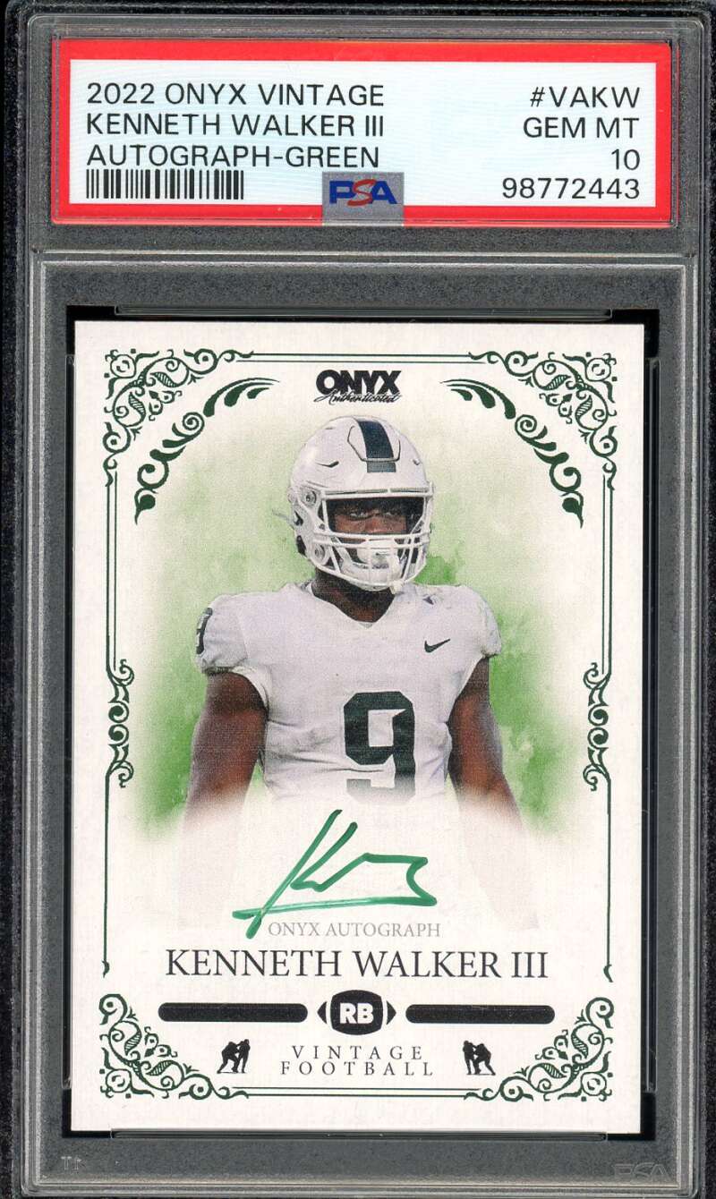 Kenneth Walker Rookie 2022 Onyx Vintage Autograph Green (pop 1) #VAKW PSA 10 Image 1