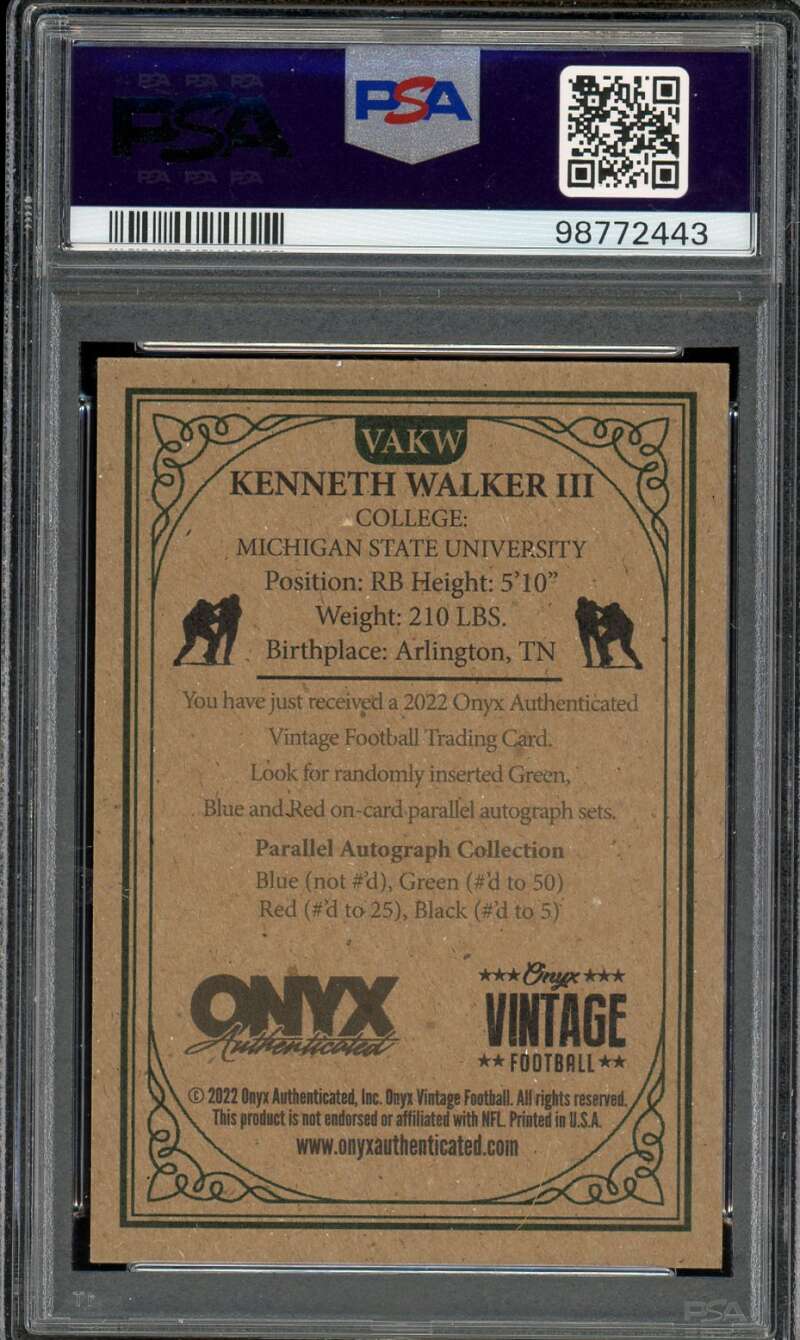 Kenneth Walker Rookie 2022 Onyx Vintage Autograph Green (pop 1) #VAKW PSA 10 Image 2