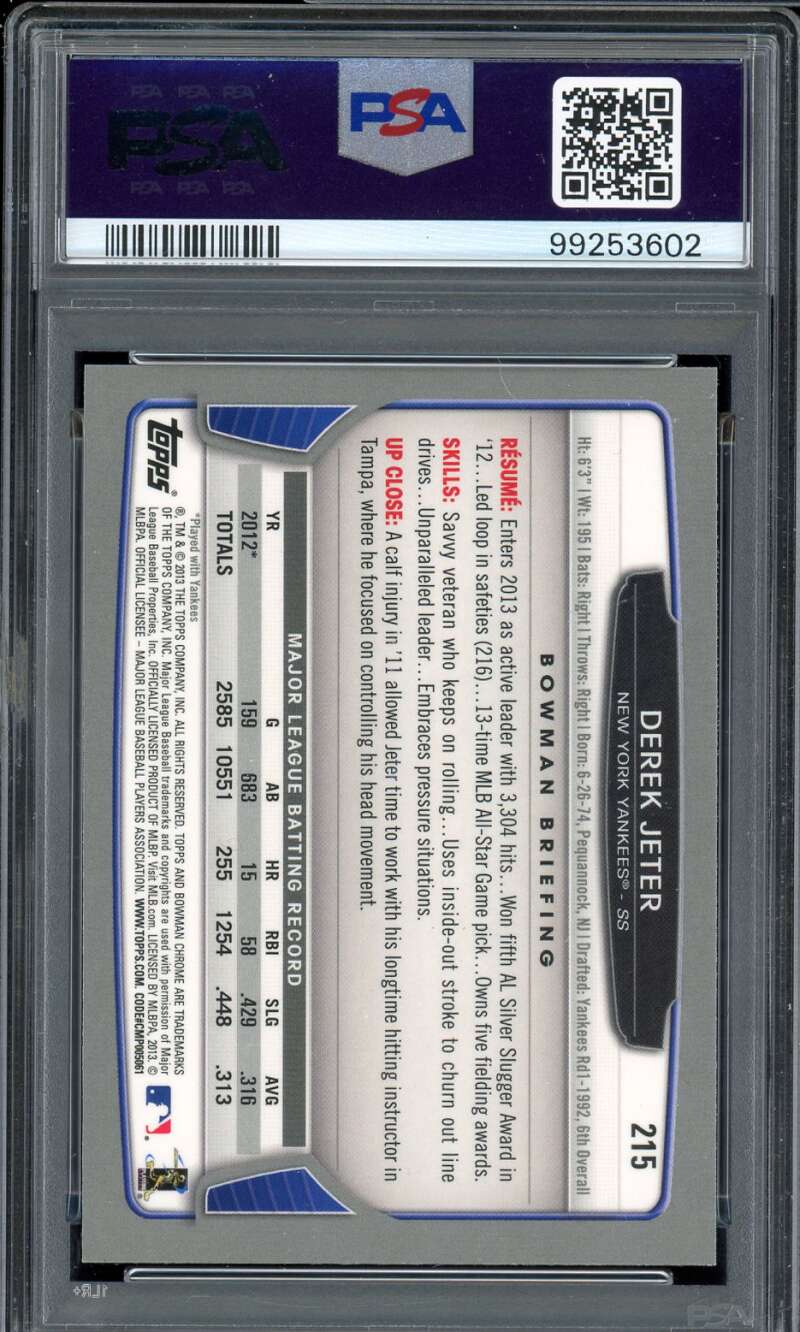 Derek Jeter Card 2013 Bowman Chrome #215 PSA 8 Image 2