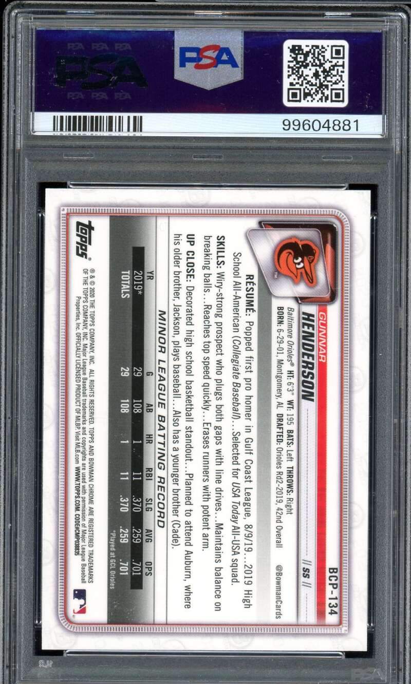 Gunnar Henderson Rookie Card 2020 Bowman Chrome Mega Box #BCP-134 PSA 10 Image 2