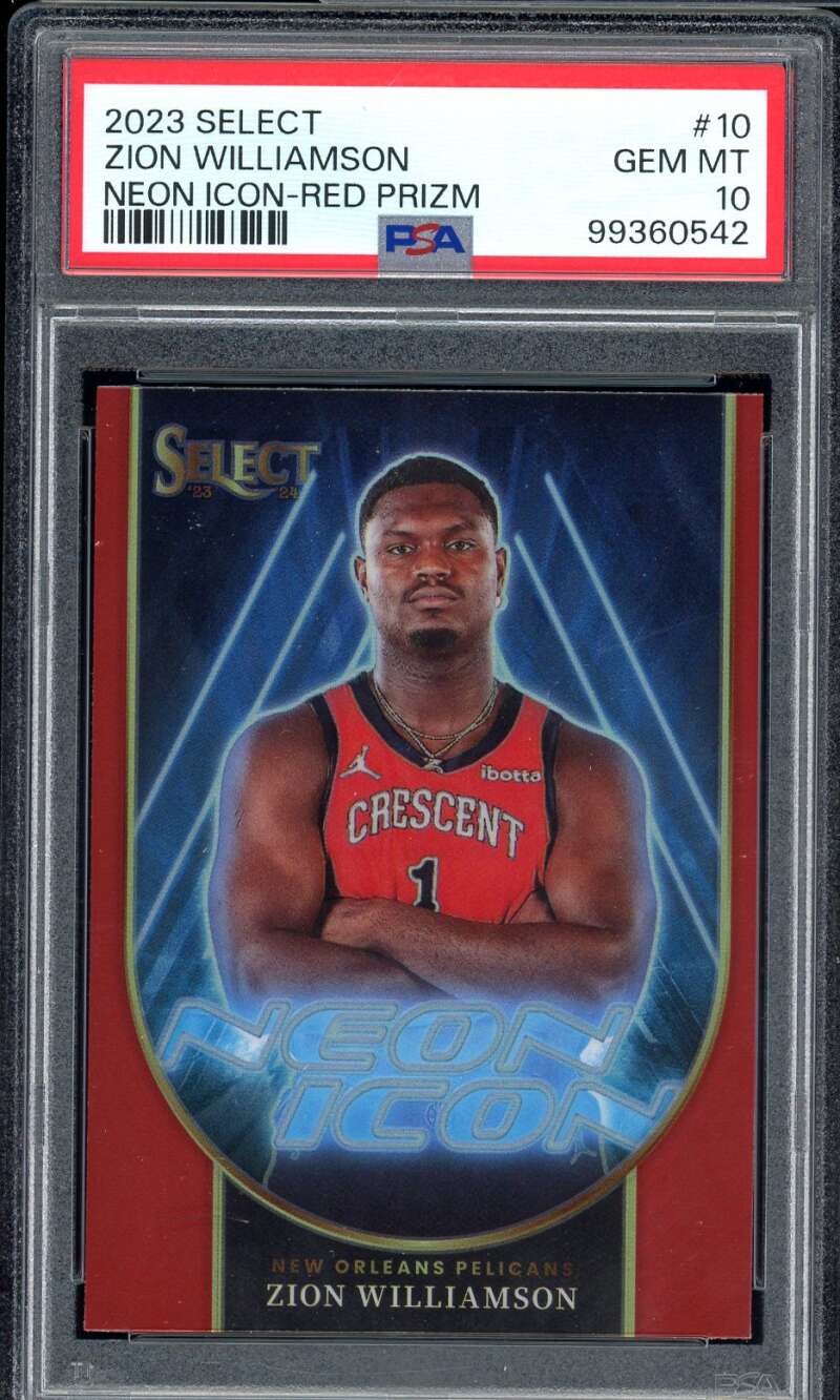 Zion Williamson Card 2023-24 Select Neon Icon-Red Prizm (pop 2) PSA 10 Image 1