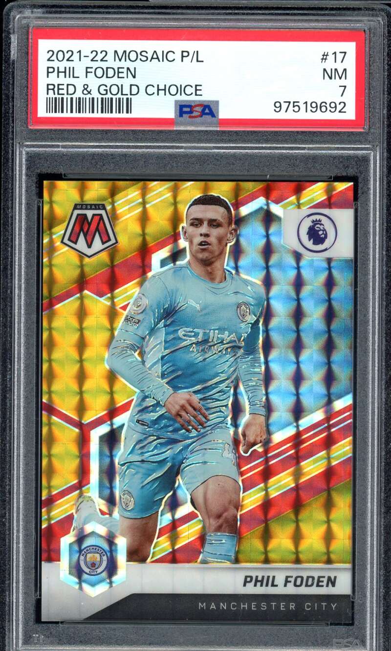 Phil Foden Card 2021-22 Mosaic P/L Red Gold Choice (pop 1) #17 PSA 7 Image 1