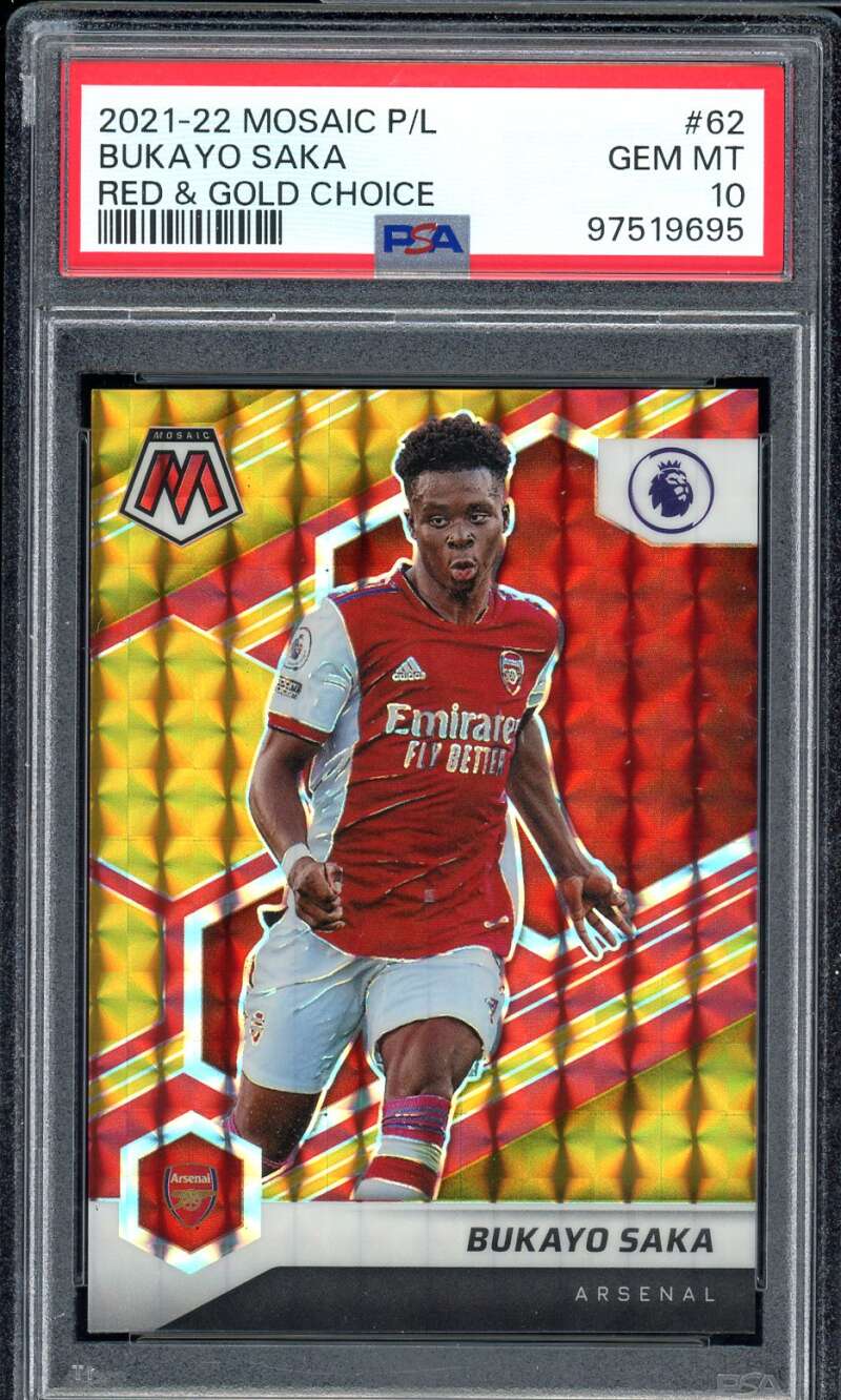 Bukayo Saka Card 2021-22 Mosaic P/L Red Gold Choice (pop 5) #62 PSA 10 Image 1