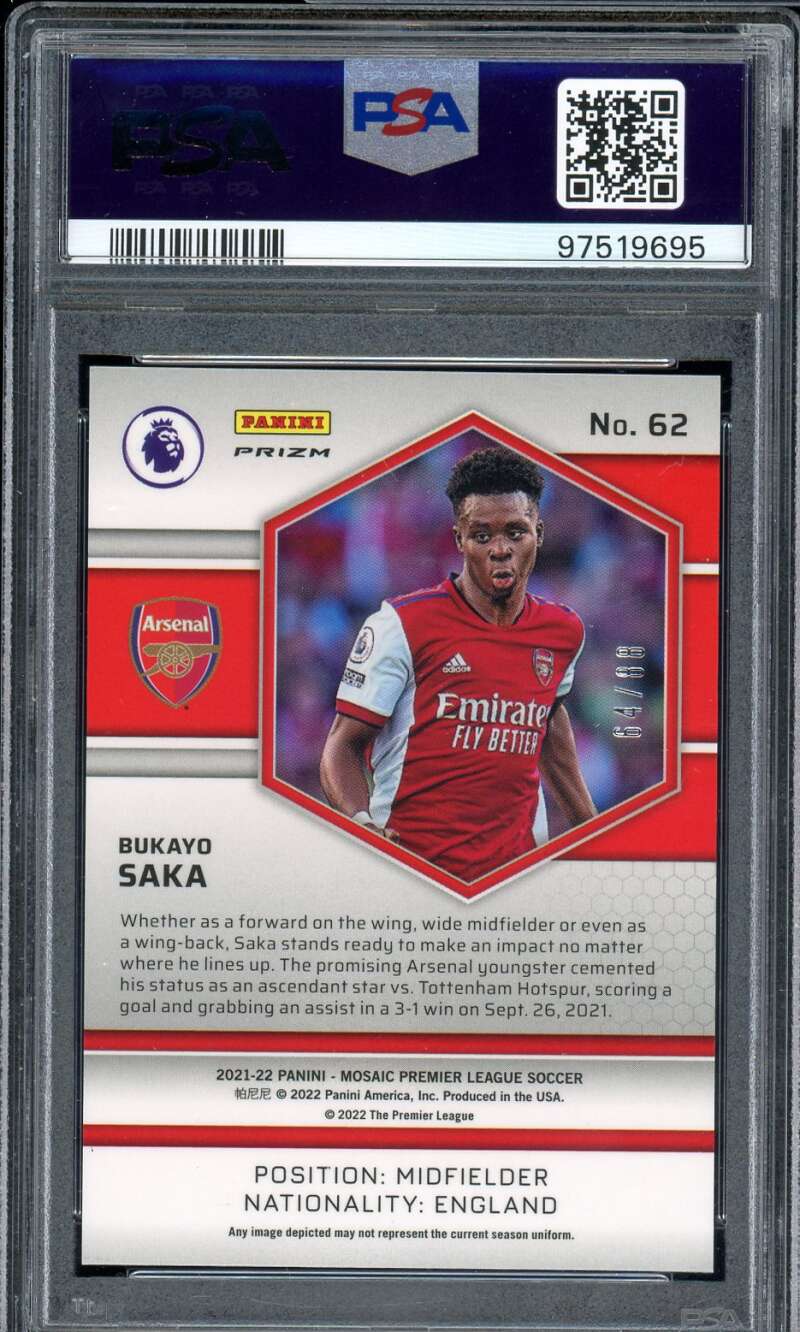 Bukayo Saka Card 2021-22 Mosaic P/L Red Gold Choice (pop 5) #62 PSA 10 Image 2