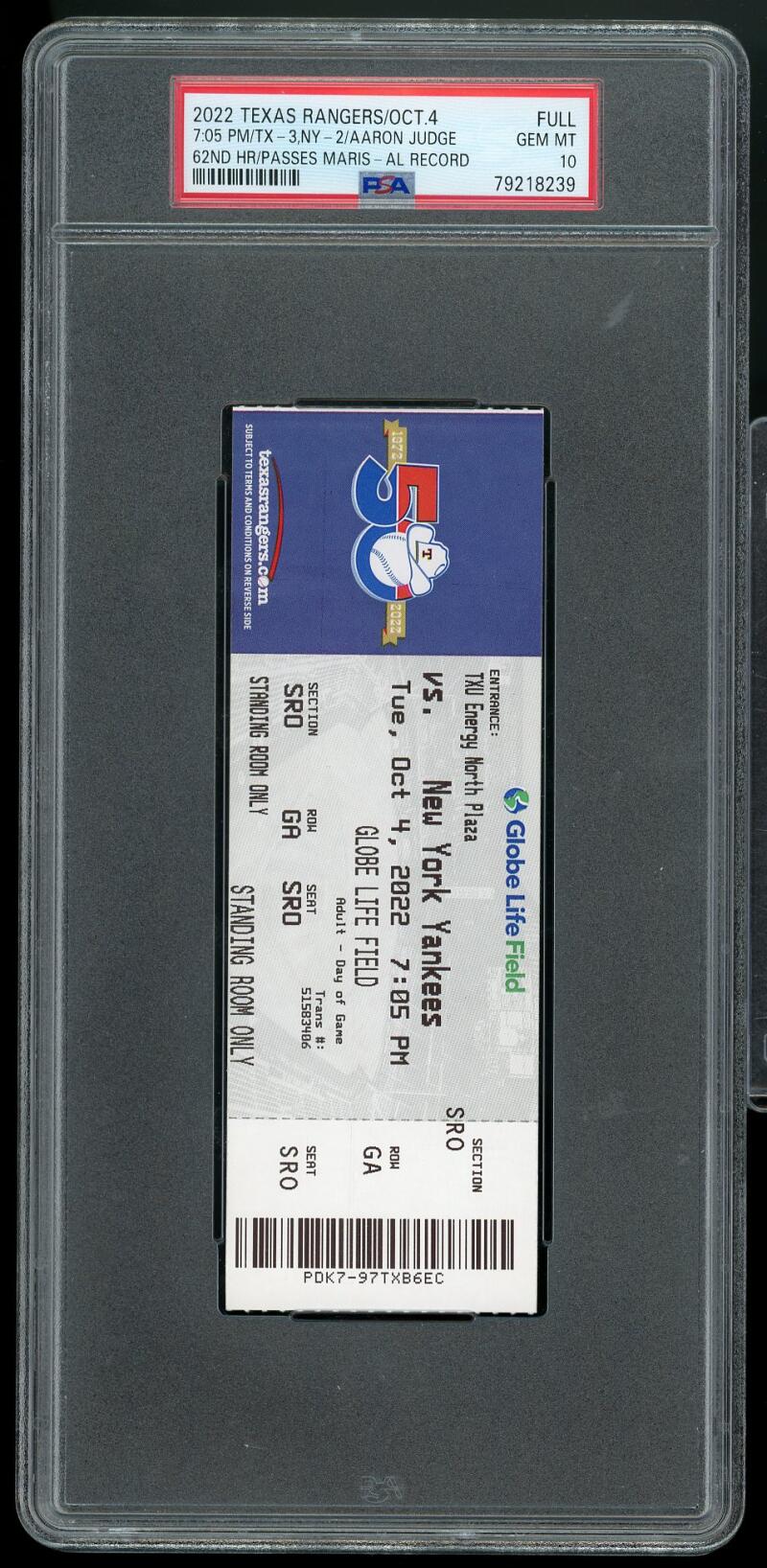 2022 Full Ticket Aaron Judge Home Run #62 New York Yankees vs Rangers PSA 10 Image 1